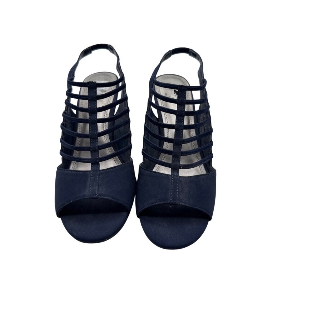 IMPO Size 6.5 Strappy Navy Blue Peep-Toe Heels With Slingback  Stiletto Heel